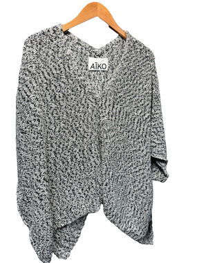 AIKO Marled Knit Poncho Sweater Oversized Batwing Cotton Viscose Black White M